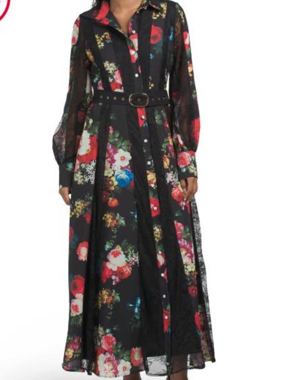 Dalia Macphee Goth Floral Lace Long Sleeve Maxi Dress With Belt